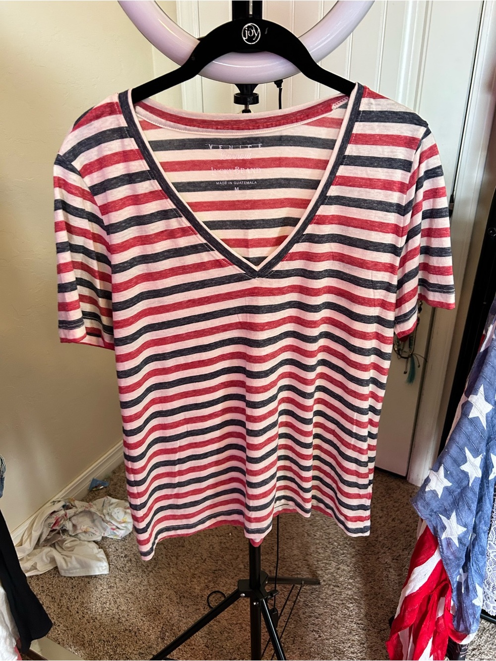 Lucky Brand Striped V-Neck Tee in Red, Navy & White